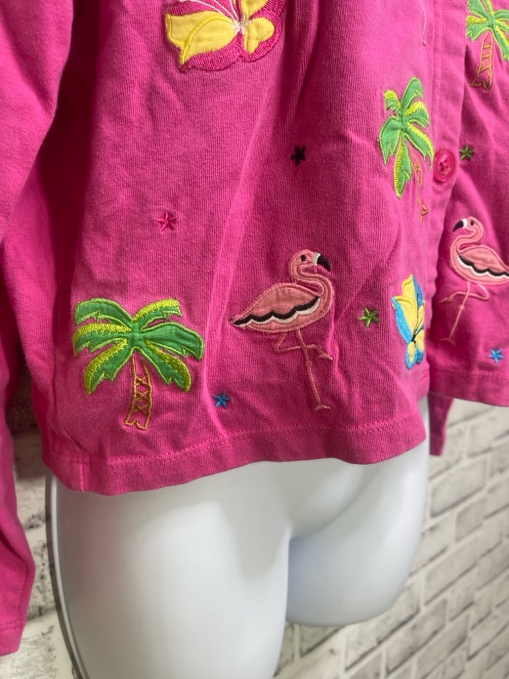Vintage Michael Simon Lite Pink Tropical Flamingo Embroidered Cardigan Small - Picture 6 of 7